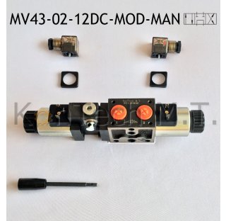 Modulares Magnetventil 4/3-Wege - zusÃ¤tzl. manueller Schalthebel - NG06 - P-T verbunden, A-B geschlossen - 12V DC - inkl. Stecker