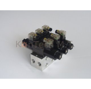 Grundplatte für drei Ventile (KTMT-GP3V) inkl. 4/3-Wegemagnetventile 12V (KTMT-MV43) - ohne DBV