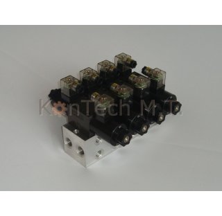 Grundplatte für vier Ventile (KTMT-GP4V) inkl. 4/3-Wegemagnetventile 12V (KTMT-MV43) - ohne DBV